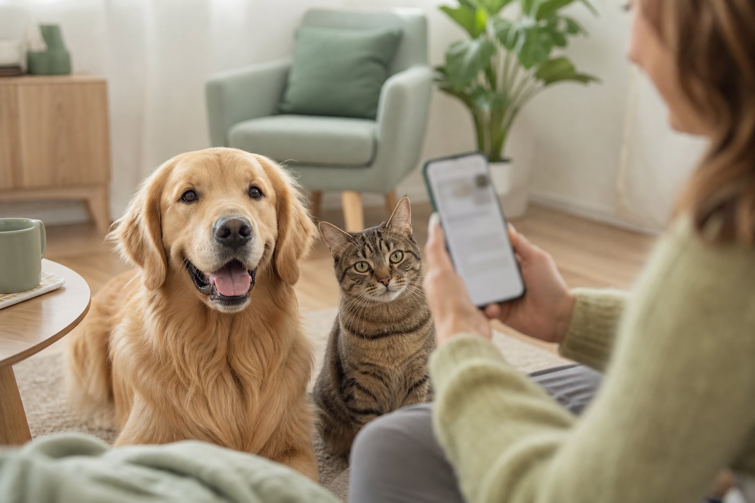 Hund und Katze mit digitaler Gesundheitsakte auf dem Smartphone